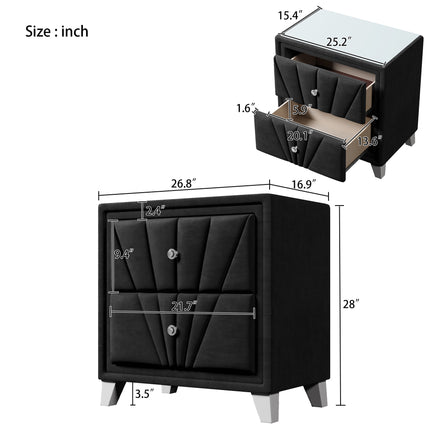 PE8- Contemporary Velvet Upholstered Glass Top Nightstand End table with Two Drawers Gray Solid Wood - Likeshoppe 