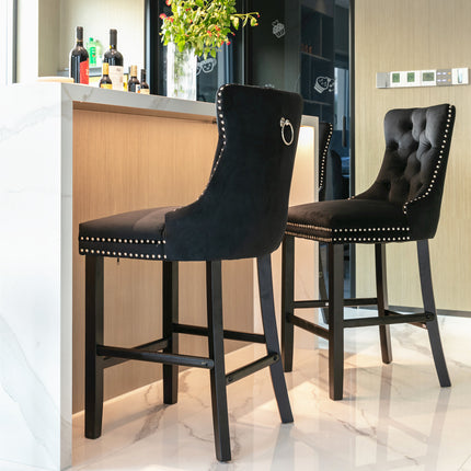BS2- Furniture; Contemporary Velvet Upholstered Barstools with Button Tufted Decoration and Wooden Legs;  and Chrome Nailhead Trim;  Leisure Style Bar Chairs; Bar stools;  Set of 2 - Likeshoppe 