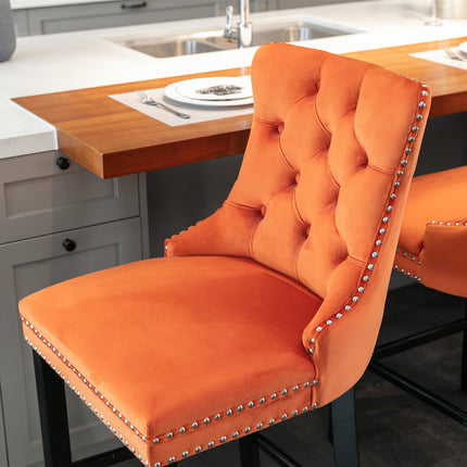 BS1- (Set of 2) Contemporary Velvet Upholstered Barstools with Button Tufted Decoration and Wooden Legs;  and Chrome Nailhead Trim;  Leisure Style Bar Chairs; Bar stools;  Set of 2 - Likeshoppe 