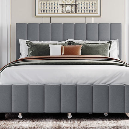 PF3- Queen Size Velvet Upholstered Platform Bed with 2 Drawers and 1 Twin XL Trundle - Likeshoppe 