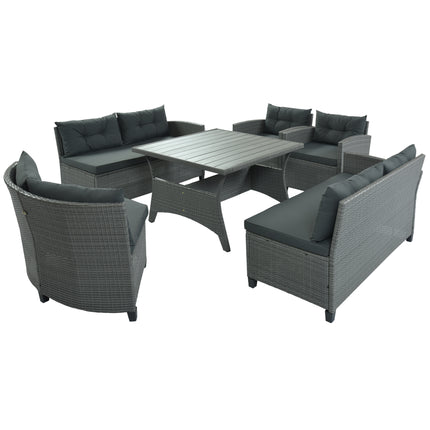 PX14- 6-Piece Outdoor Wicker Sofa Set, Patio Rattan Dinning Set, Sectional Sofa with Thick Cushions and Pillows, Plywood Table Top, For Garden, Yard, Deck - Likeshoppe 