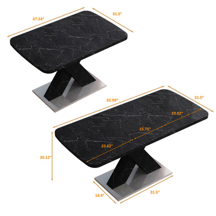 DT3- Modern Square Dining Table;  Stretchable;  Printed Black/white Marble Table Top+MDF X-Shape Table Leg with Metal Base - Likeshoppe 