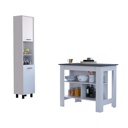 PA3- Nashville 2 Piece Kitchen Set, Kitchen Island + Pantry Cabinet , White/Onyx - Likeshoppe 