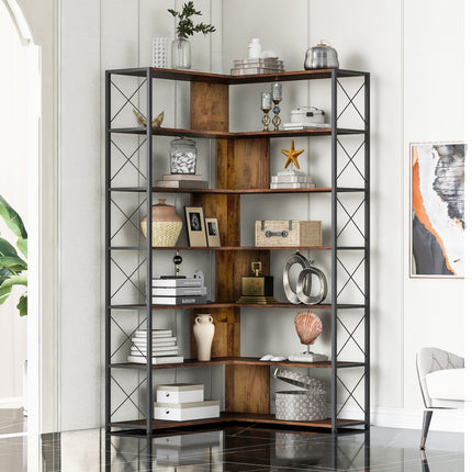 BC2- 7-Tier Bookcase Home Office Bookshelf, L-Shaped Corner Bookcase with Metal Frame, Industrial Style Shelf with Open Storage, MDF Board - Likeshoppe 