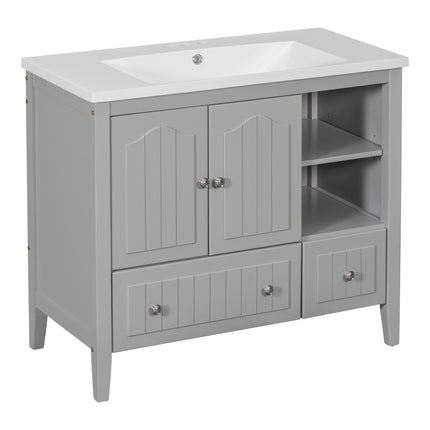 PT1- 36\\" Bathroom Vanity with Ceramic Basin;  Bathroom Storage Cabinet with Two Doors and Drawers;  Solid Frame;  Metal Handles - Likeshoppe 