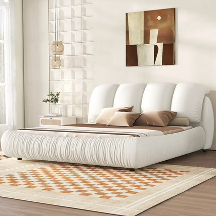 BR4- King Size Luxury Upholstered Bed With Thick Headboard, Leather King Bed with Oversized Padded Backrest, White(Expect Arrive date 2024/2/15) - Likeshoppe 