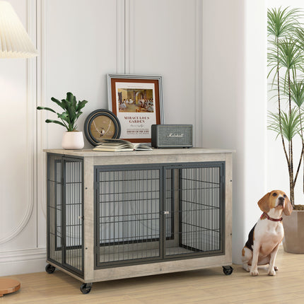AB6- Furniture Style Dog Crate Side Table on Wheels with Double Doors and Lift Top. - Likeshoppe 