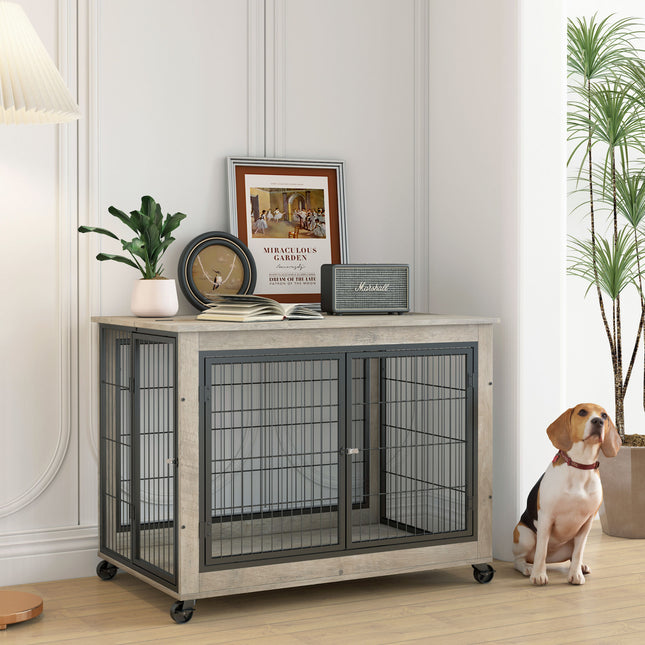 AB6- Furniture Style Dog Crate Side Table on Wheels with Double Doors and Lift Top. - Likeshoppe 