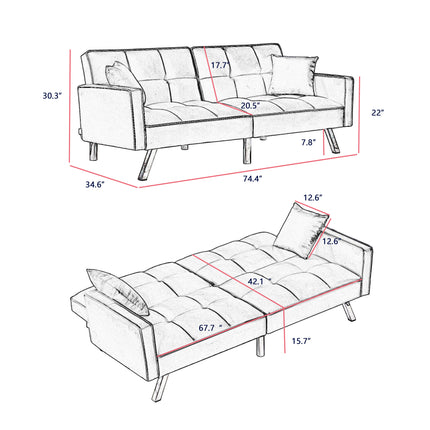 U5- Modern Velvet Sofa Couch Bed with Armrests and 2 Pillows for Living Room and Bedroom .(White) - Likeshoppe 