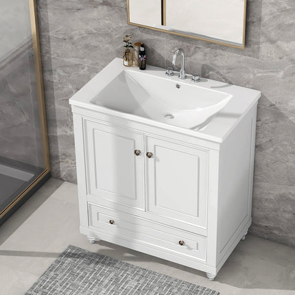 PT7- 30" Bathroom Vanity with Sink;  Combo;  Cabinet with Doors and Drawer;  Solid Frame and MDF Board;  White - Likeshoppe 