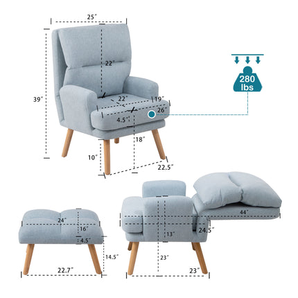 AF1- Accent Chair with Ottoman Set;  Fabric Armchair with Wood Legs and Adjustable Backrest ;  Mid Century Modern Comfy Lounge Chair for Living Room;  Bedroom;  Reading Room and Study - Likeshoppe 