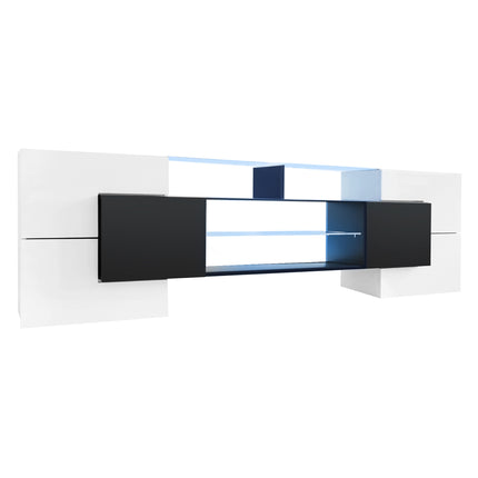 TV12- ON-TREND Unique Shape TV Stand with 2 Illuminated Glass Shelves, High Gloss Entertainment Center for TVs Up to 88", Versatile TV Cabinet with LED Color Changing Lights for Living Room, Black&White - Likeshoppe 
