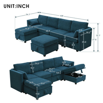 109*54.7\" Chenille Modular Sectional Sofa,U Shaped Couch with Adjustable Armrests and Backrests,6 Seat Reversible Sofa Bed with Storage Seats for Living Room, Apartment,2 Colors - Likeshoppe 