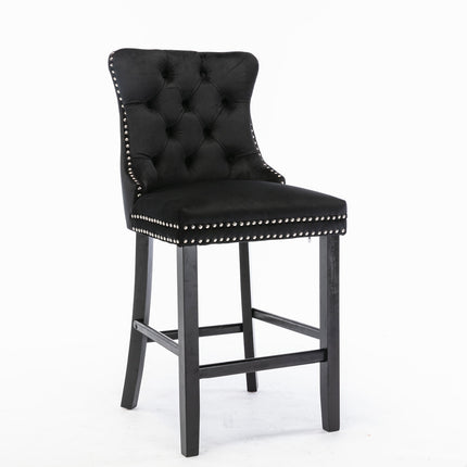 BS1- (Set of 2) Contemporary Velvet Upholstered Barstools with Button Tufted Decoration and Wooden Legs;  and Chrome Nailhead Trim;  Leisure Style Bar Chairs; Bar stools;  Set of 2 - Likeshoppe 