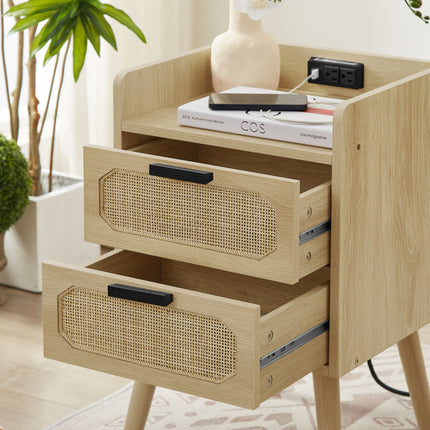 ST1-  Rattan nightstand with socket side table natural handmade rattan(2PC; Natural ; 15.55''W*13.78''D*23.82''H) - Likeshoppe 