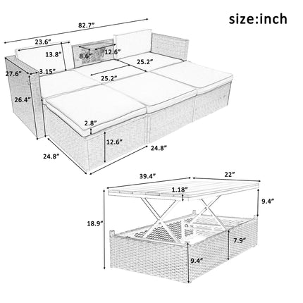 PX9- Patio Furniture Sets;  5-Piece Patio Wicker Sofa with Adustable Backrest;  Cushions;  Ottomans and Lift Top Coffee Table - Likeshoppe 