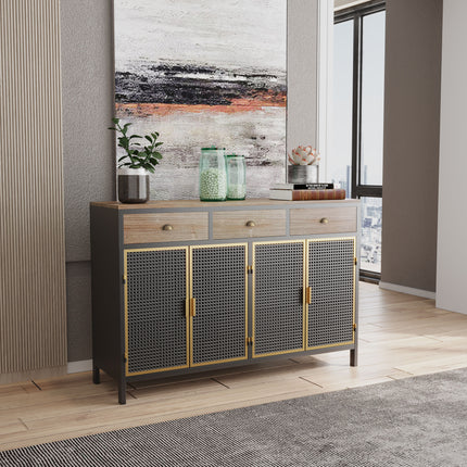 PC1- 48" Wide 4 Doors Modern Sideboard with 3 Top Drawers, Freestanding Sideboard Storage Cabinet Entryway Floor Cabinet for Living Room Office Bedroom - Likeshoppe 