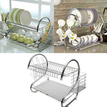 DL2- 2 Tier Dish Drying Rack Drainer Stainless Steel Kitchen Cutlery Holder Shelf - Likeshoppe 