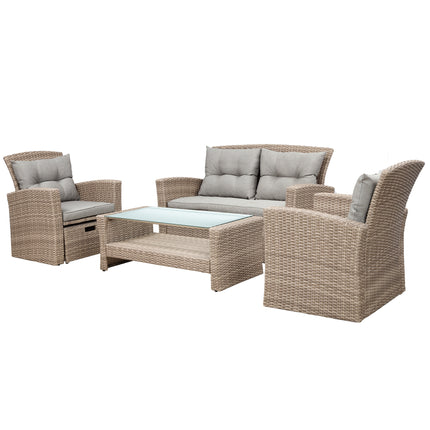 PX8- Patio Furniture Set;  4 Piece Outdoor Conversation Set All Weather Wicker Sectional Sofa with Ottoman and Cushions - Likeshoppe 