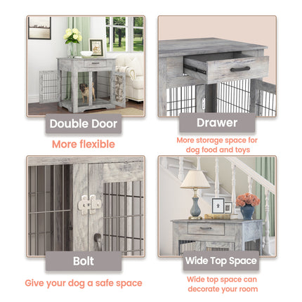 PE9- Furniture Style Dog Crate End Table with Drawer, Pet Kennels with Double Doors, Dog House Indoor Use, Weathered Grey - Likeshoppe 