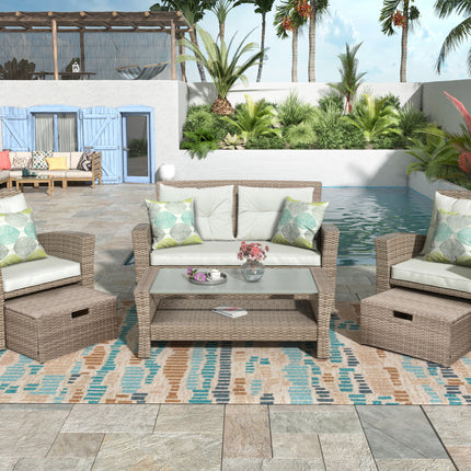 PX8- Patio Furniture Set;  4 Piece Outdoor Conversation Set All Weather Wicker Sectional Sofa with Ottoman and Cushions - Likeshoppe 