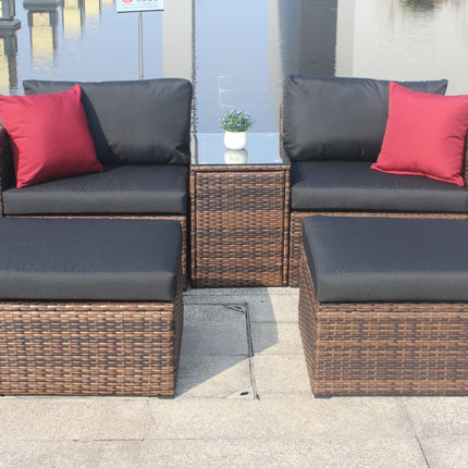 PX15- (5 Pieces Outdoor Patio Garden) Brown Wicker Sectional Conversation Sofa Set with Black Cushions and Red Pillows; w/ Furniture Protection Cover - Likeshoppe 