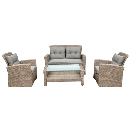 PX8- Patio Furniture Set;  4 Piece Outdoor Conversation Set All Weather Wicker Sectional Sofa with Ottoman and Cushions - Likeshoppe 