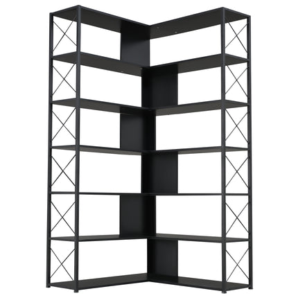 BC2- 7-Tier Bookcase Home Office Bookshelf, L-Shaped Corner Bookcase with Metal Frame, Industrial Style Shelf with Open Storage, MDF Board - Likeshoppe 