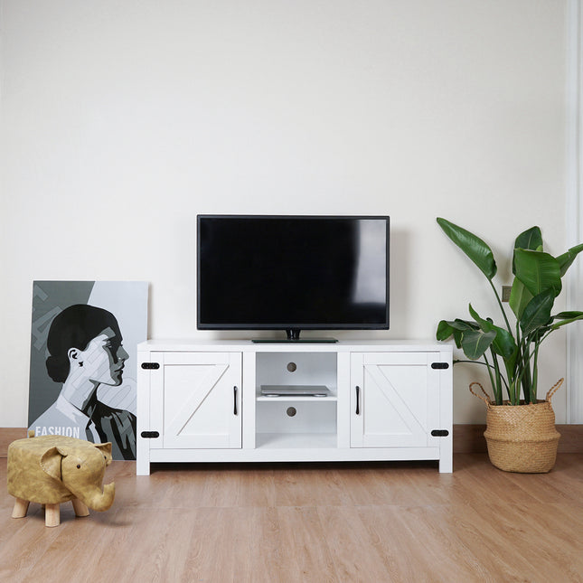 TV1- Modern Farmhouse Double Barn Door TV Stand for TVs up to 65 Inches, 58 Inch, White color - Likeshoppe 