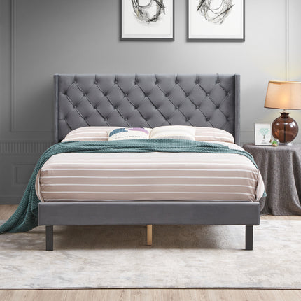 PF6- Velvet Button Tufted-Upholstered Bed with Wings Design - Strong Wood Slat Support - Easy Assembly - Likeshoppe 
