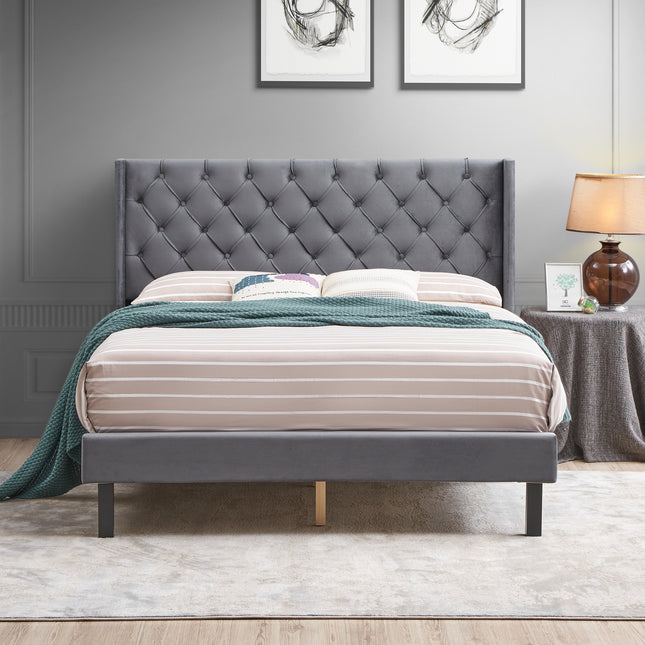 PF6- Velvet Button Tufted-Upholstered Bed with Wings Design - Strong Wood Slat Support - Easy Assembly - Likeshoppe 