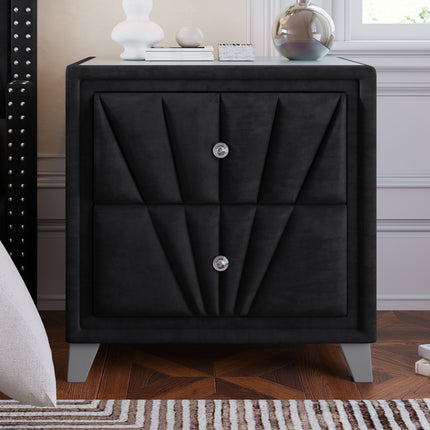 PE8- Contemporary Velvet Upholstered Glass Top Nightstand End table with Two Drawers Gray Solid Wood - Likeshoppe 