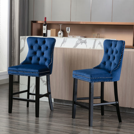 BS2- Furniture; Contemporary Velvet Upholstered Barstools with Button Tufted Decoration and Wooden Legs;  and Chrome Nailhead Trim;  Leisure Style Bar Chairs; Bar stools;  Set of 2 - Likeshoppe 