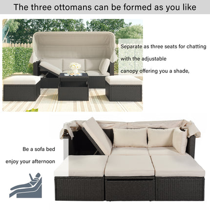 PX2- Outdoor Patio Rectangle Daybed with Retractable Canopy, Wicker Furniture Sectional Seating with Washable Cushions, Backyard, Porch - Likeshoppe 