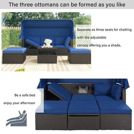 PX2- Outdoor Patio Rectangle Daybed with Retractable Canopy, Wicker Furniture Sectional Seating with Washable Cushions, Backyard, Porch - Likeshoppe 