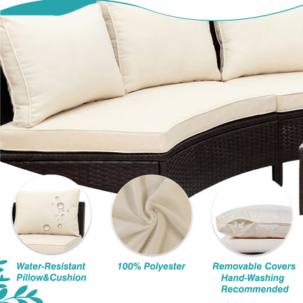 PX16- 5 Pieces All-Weather Brown PE Rattan Wicker Sofa Set Outdoor Patio Sectional Furniture Set Half-Moon Sofa Set with Tempered Glass Table - Likeshoppe 