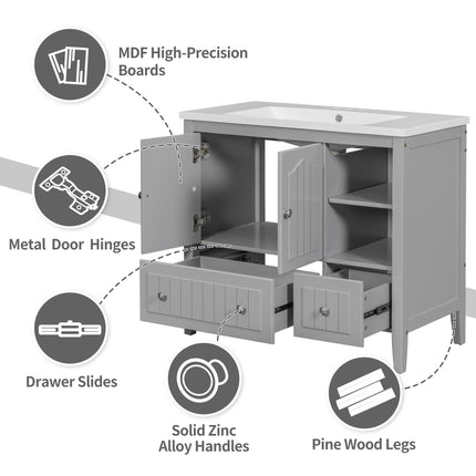 PT1- 36\\" Bathroom Vanity with Ceramic Basin;  Bathroom Storage Cabinet with Two Doors and Drawers;  Solid Frame;  Metal Handles - Likeshoppe 