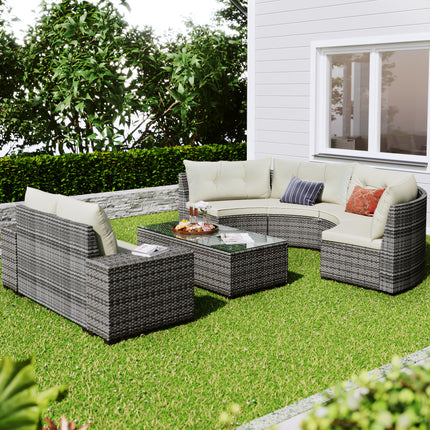 PX13- 8-pieces Outdoor Wicker Round Sofa Set;  Half-Moon Sectional Sets All Weather;  Curved Sofa Set With Rectangular Coffee Table;  PE Rattan Water-resistant and UV Protected;  Movable Cushion - Likeshoppe 