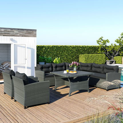 PX14- 6-Piece Outdoor Wicker Sofa Set, Patio Rattan Dinning Set, Sectional Sofa with Thick Cushions and Pillows, Plywood Table Top, For Garden, Yard, Deck - Likeshoppe 