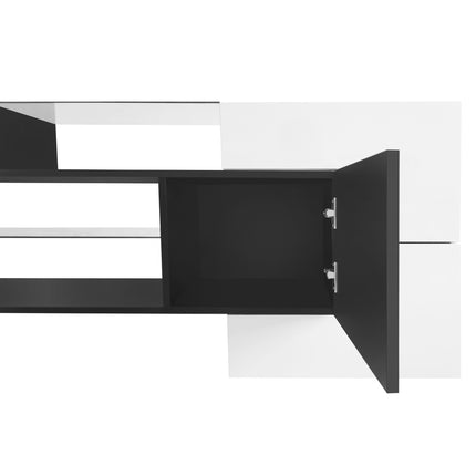 TV12- ON-TREND Unique Shape TV Stand with 2 Illuminated Glass Shelves, High Gloss Entertainment Center for TVs Up to 88", Versatile TV Cabinet with LED Color Changing Lights for Living Room, Black&White - Likeshoppe 