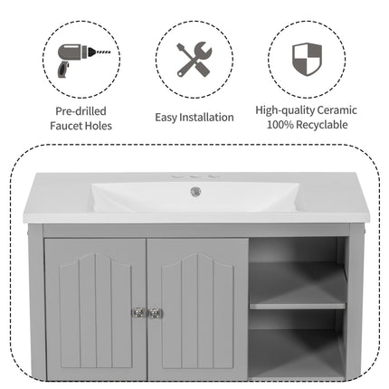 PT1- 36\\" Bathroom Vanity with Ceramic Basin;  Bathroom Storage Cabinet with Two Doors and Drawers;  Solid Frame;  Metal Handles - Likeshoppe 