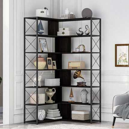 BC2- 7-Tier Bookcase Home Office Bookshelf, L-Shaped Corner Bookcase with Metal Frame, Industrial Style Shelf with Open Storage, MDF Board - Likeshoppe 