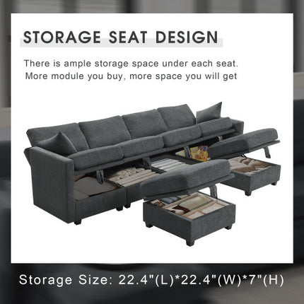 109*54.7\" Chenille Modular Sectional Sofa,U Shaped Couch with Adjustable Armrests and Backrests,6 Seat Reversible Sofa Bed with Storage Seats for Living Room, Apartment,2 Colors - Likeshoppe 