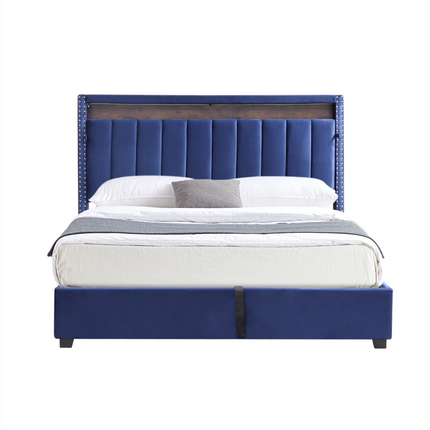 BR5- Luxury Gas Lift Storage Bed with RF LED Lights, Storage Headboard ,QUEEN Size ,Velvet Blue - Likeshoppe 