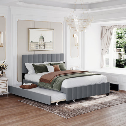 PF3- Queen Size Velvet Upholstered Platform Bed with 2 Drawers and 1 Twin XL Trundle - Likeshoppe 