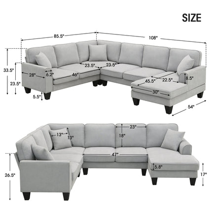 S4- 108*85.5" Modern U Shape Sectional Sofa, 7 Seat Fabric Sectional Sofa Set with 3 Pillows Included for Living Room, Apartment, Office,3 Colors - Likeshoppe 