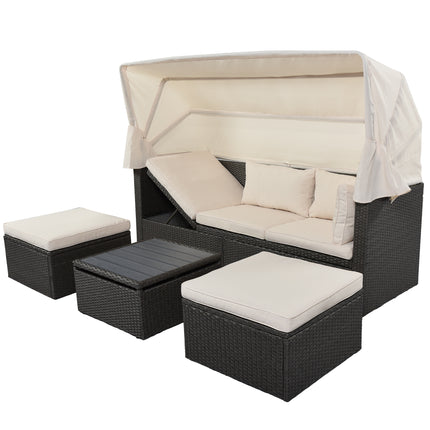 PX2- Outdoor Patio Rectangle Daybed with Retractable Canopy, Wicker Furniture Sectional Seating with Washable Cushions, Backyard, Porch - Likeshoppe 