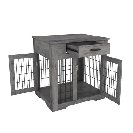 PE9- Furniture Style Dog Crate End Table with Drawer, Pet Kennels with Double Doors, Dog House Indoor Use, Weathered Grey - Likeshoppe 
