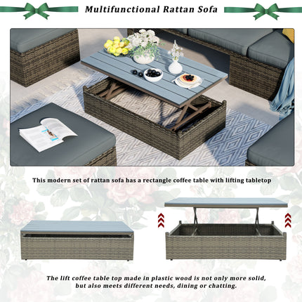 PX9- Patio Furniture Sets;  5-Piece Patio Wicker Sofa with Adustable Backrest;  Cushions;  Ottomans and Lift Top Coffee Table - Likeshoppe 