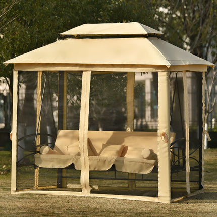 AG8- 8.9 Ft. W x 5.9 Ft. D Outdoor Gazebo with Convertible Swing Bench;  Double Roof Soft Canopy Garden Backyard Gazebo with Mosquito Netting Suitable for Lawn;  Garden;  Backyard - Likeshoppe 